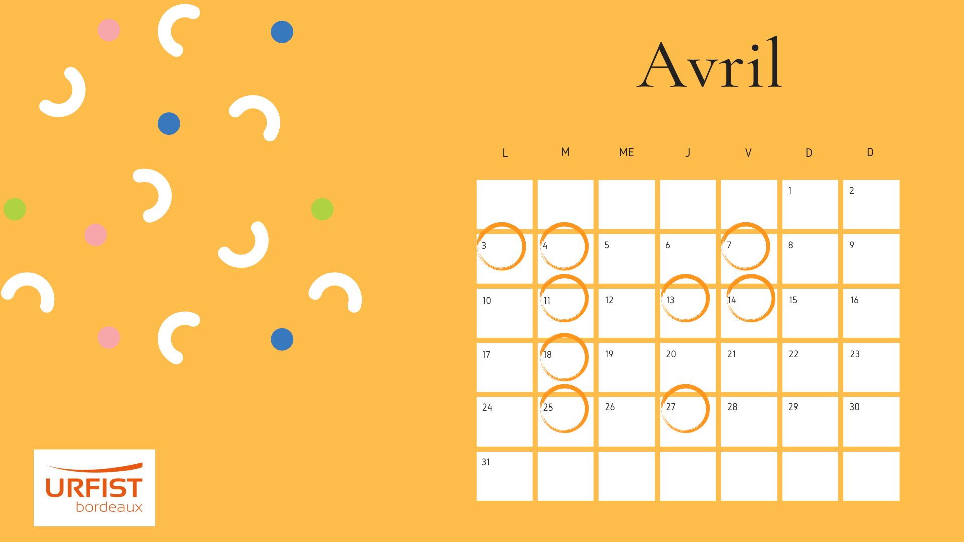 Calendrier du mois d'avril avec les dates des formations entourées.
Jaune-orangé
logo Urfist