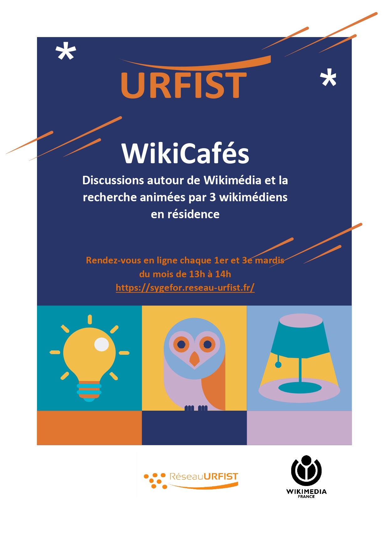 Affiche des WikiCafés : discussions autour de Wikimédia et la recherche par 3 wikimédiens en résidence. Rendez-vous en ligne chaque 1er et 3e mardis du mois de 13h à 14h.